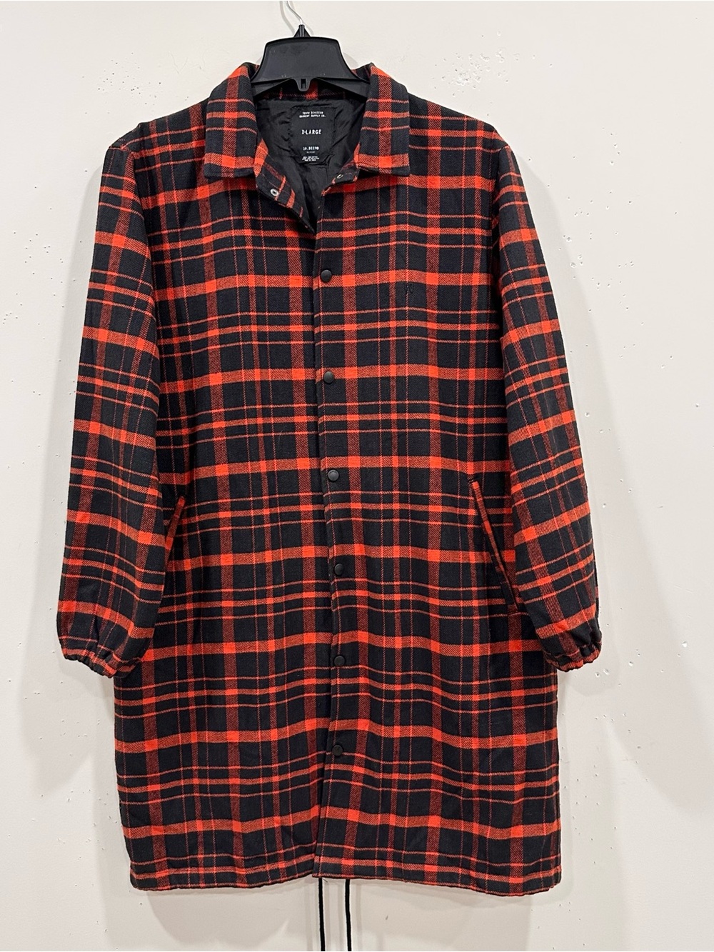 10.Deep Men's Longline Plaid Flannel Trench Coach Jacket Coat Red Black Size XL